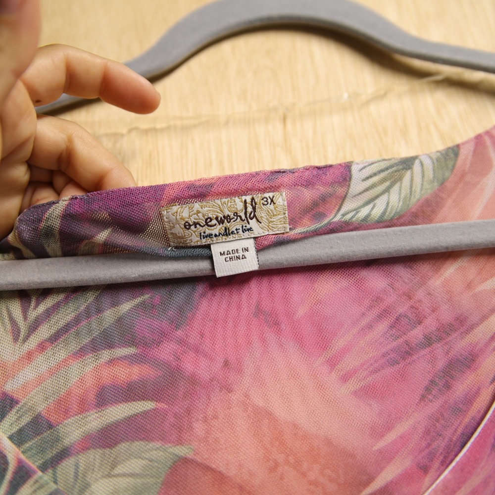 One World Live and Let Live Tropical Floral Mesh Tunic Top Pink Purple 3X NEW - Picture 8 of 8